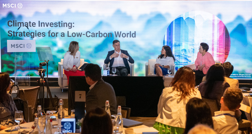 Left to right, Naomi English, MSCI’s head of climate strategy; Mark Konyn, group chief investment officer at AIA; Sunita Subramoniam, APAC head of sustainable product strategy, iShares and Index at BlackRock; and Yuki Yasui, managing director, GFANZ’s Asia Pacific Network, discuss financing decarbonization.
