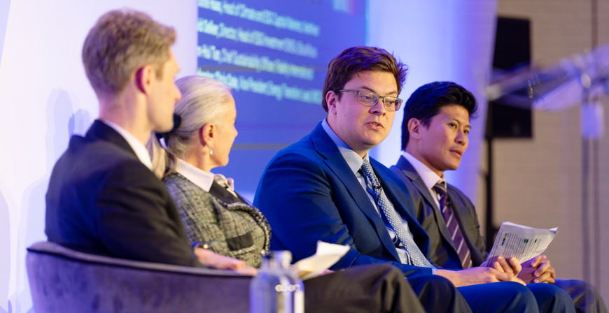 Left to right, MSCI Research’s Chris Cote; Caroline Haas, head of climate and ESG capital markets at NatWest; David Oelker, BlackRock’s head of ESG investment for fixed income in EMEA; and Jenn-Hui Tan, chief sustainability officer at Fidelity International, discussing strategies for financing the energy transition.