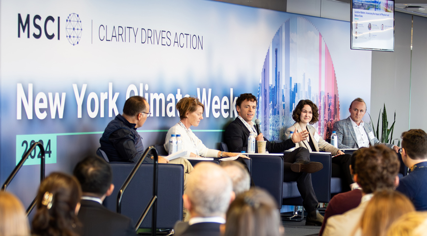 Oliver Marchand, MSCI’s head of climate risk research (left), discusses climate-related physical risk with Bridget Fawcett, global head of sustainability and corporate transitions investment banking, Citi; Dr. Andrew Smith, chief operating officer, Fathom; Dr. Marie Henniges, director for nature in net-zero transition planning, GFANZ; and Garrett Bradford, principal and geographic information systems consultant, Milliman.