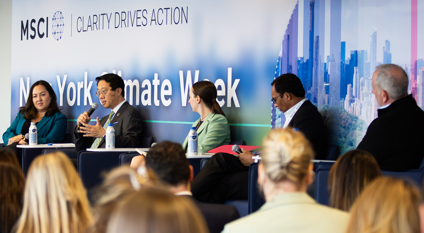 Left to right, Laura Nishikawa, head of MSCI ESG Research; Han Yik, senior advisor to the executive director and chief investment officer – stewardship, NYSTRS; Sarah Wilson, managing director and head of climate solutions, Nuveen; Vijnan Batchu, managing director, Center for Carbon Transition, J.P. Morgan; and Bruce Schlein, director and head of ESG at OMERS Infrastructure, discuss investments in the energy transition.